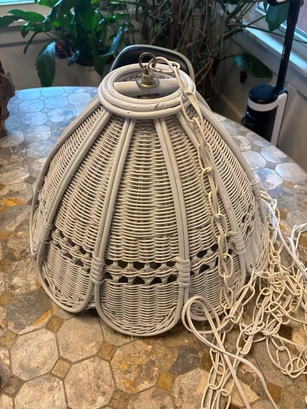 Vintage Boho White Wicker Hanging Swag Lamp